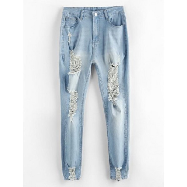 Shredded Distressed Light Wash Skinny Jeans