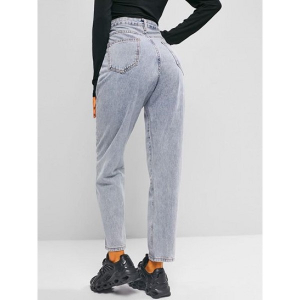 Zipper Fly Pocket Mom Jeans