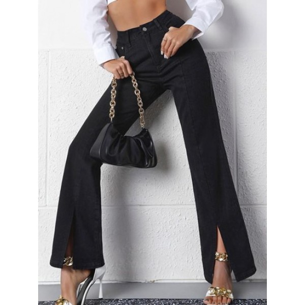 High Waisted Slit Straight Jeans