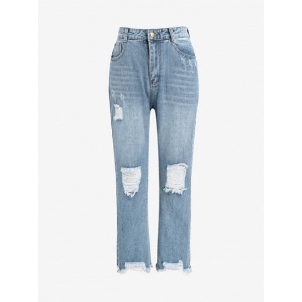 Shredded Distressed Frayed Straight Jeans