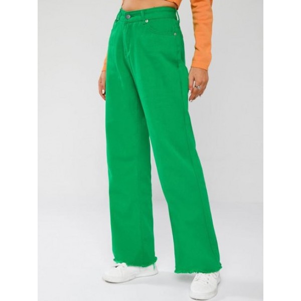 High Waisted Bright Colored Frayed Hem Baggy Jeans