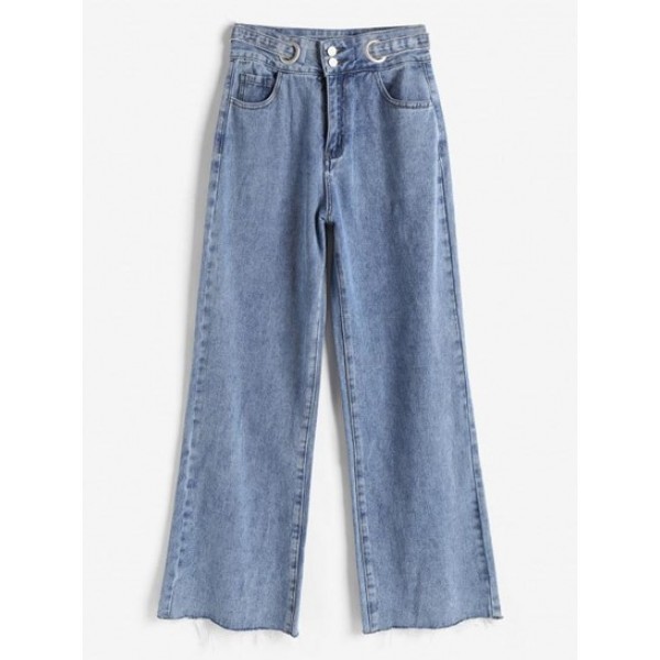 Grommets Raw Hem Wide Leg Jeans