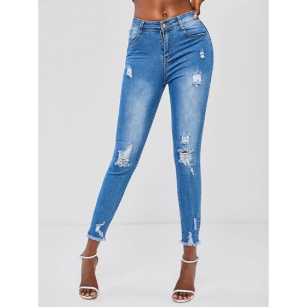 Ripped Distressed Frayed Hem Skinny Jeans