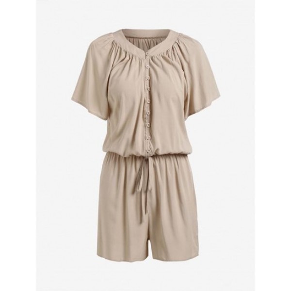 Button Placket Raglan Sleeve Pocket Romper