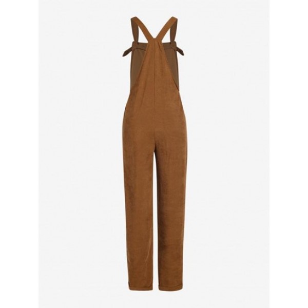 Corduroy Knot Buttons Straight Pinafore Jumpsuit