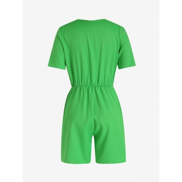 Knot Solid Color Plunging Neck Romper