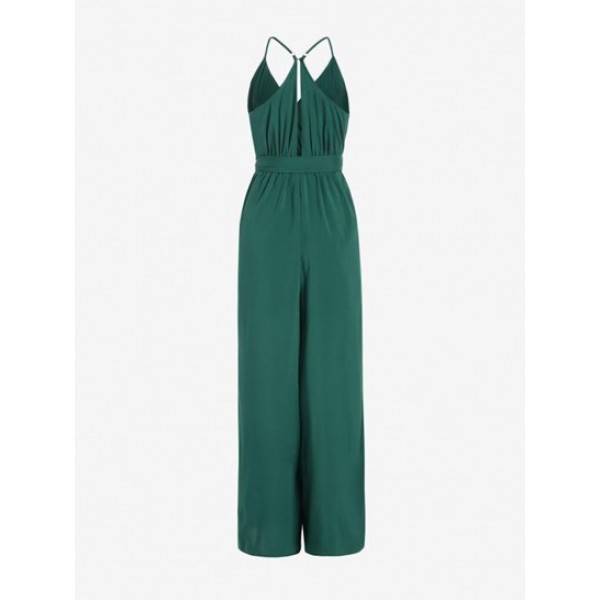 Side Slit Belted Surplice Wide Leg Jumpsuit