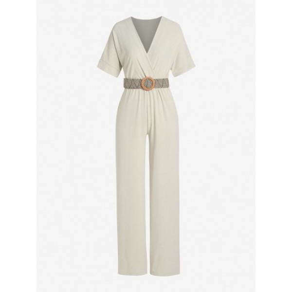 Batwing Sleeve Belted Surplice Wide Leg Jumpsuit