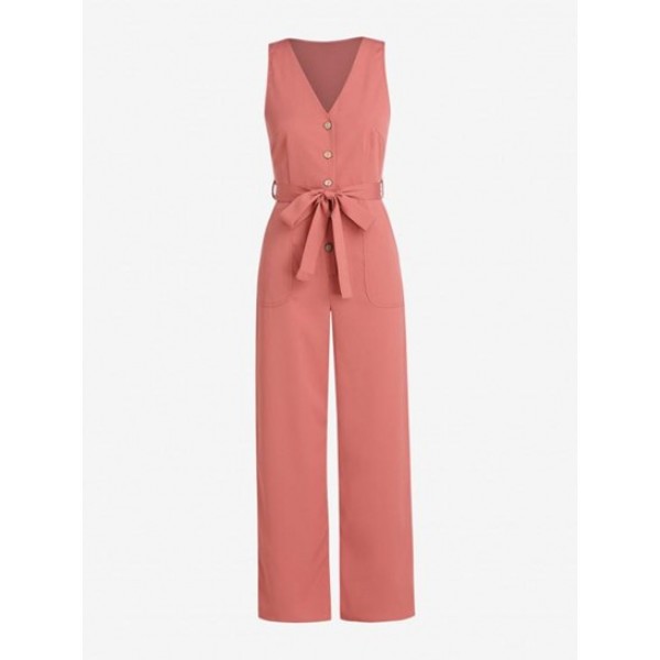 Belted Button Front Pockets Wide Leg Jumpsuit