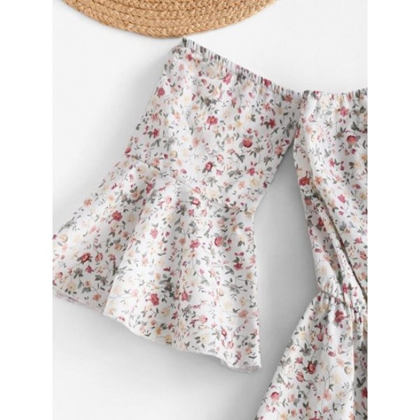 Tie Collar Ditsy Floral Off Shoulder Romper