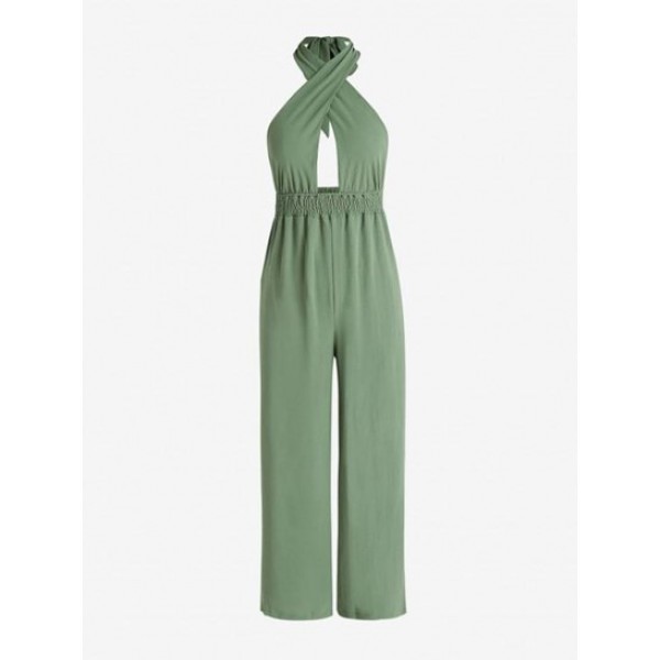 Smocked Halter Backless Jumpsuit