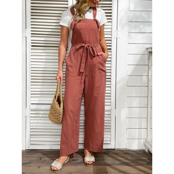 Tie Shoulder Belted Wide Leg Overalls Jumpsuit