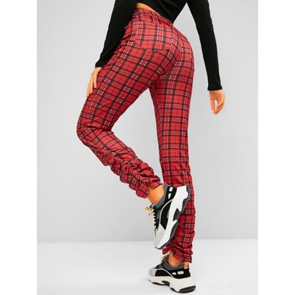 Plaid Pocket High Waisted Stacked Pants