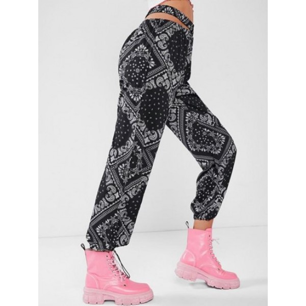 Paisley Print Toggle Drawstring Cutout Pants