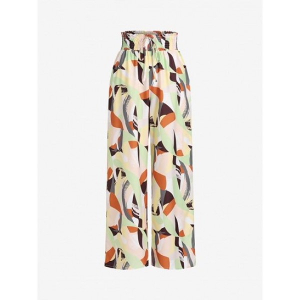 Smocked Waist Abstract Print Wide Leg Pants