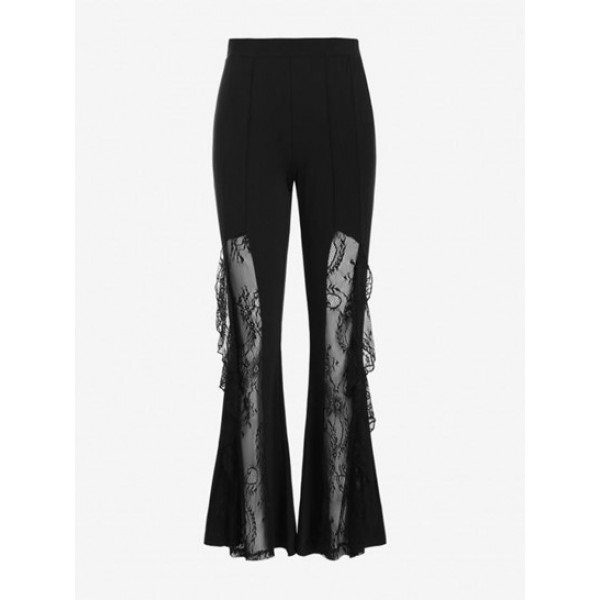 Pintuck Lace Insert Ruffle Flare Pants