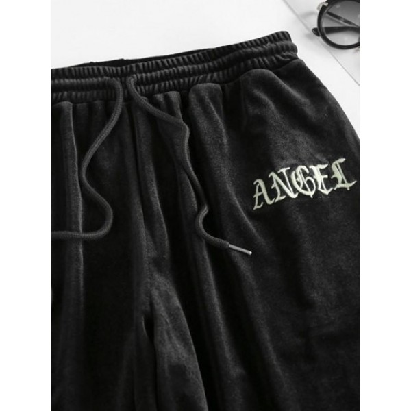 High Rise Letter Embroidered Velvet Wide Leg Pants