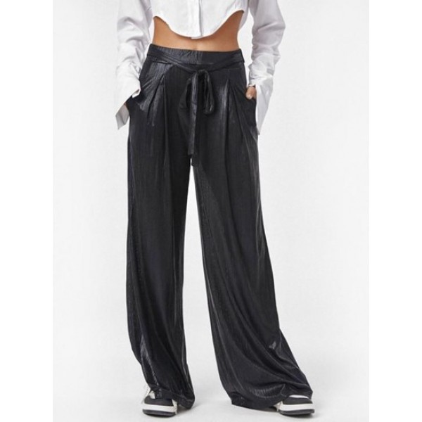 Metallic Belted Pocket Wide Leg Pants