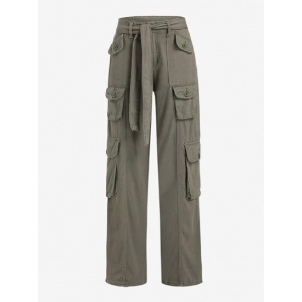 Flap Pockets Belted Cargo Wide Leg Pants