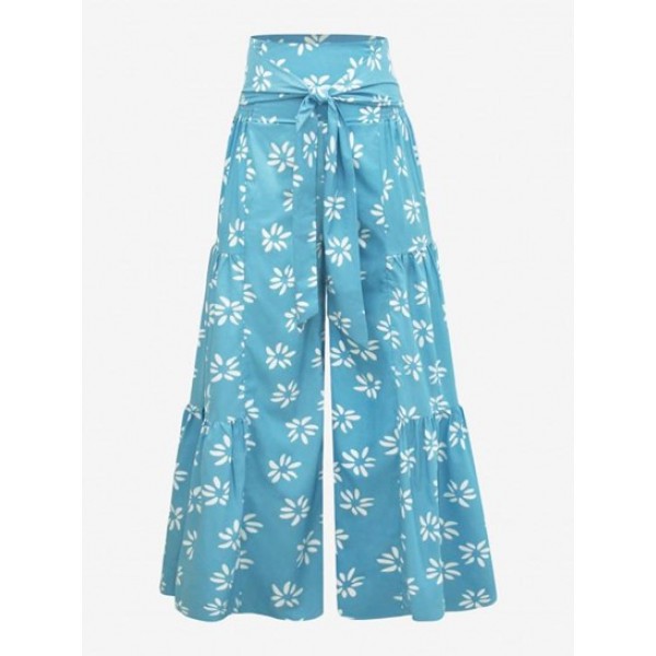 Floral Print Smocked Belted Wide Leg Pants