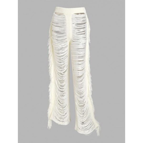 Fringed Distressed Knit Beach Pants