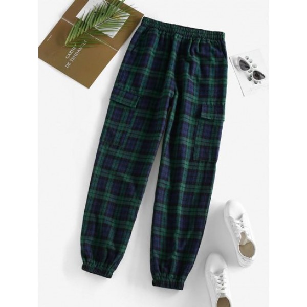 High Waist Pockets Plaid Cargo Pants