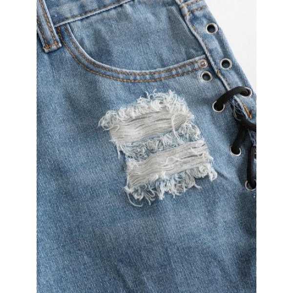 Lace Up Distressed Cut Off Denim Shorts