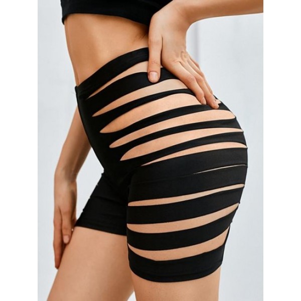 Ladder Cutout Ripped Biker Shorts