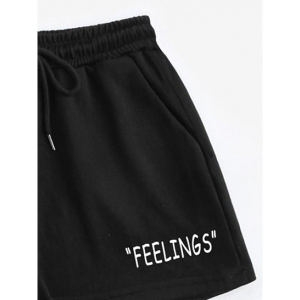 Drawstring Feelings Print Pocket Sweat Shorts