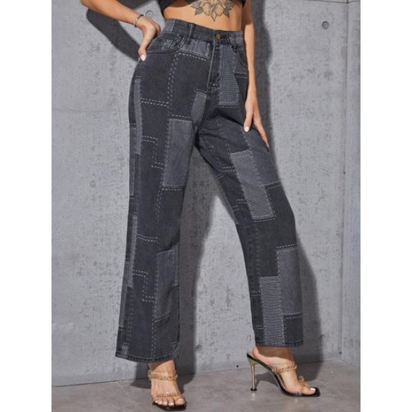 Patchwork Colorblock High Waist Straight Jeans