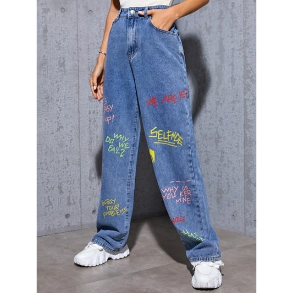 Letter Printed High Waisted Baggy Jeans