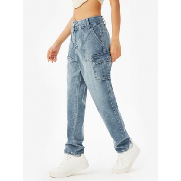 High Waisted Straight Cargo Jeans