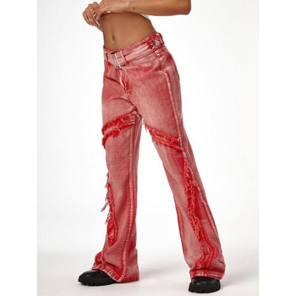 Buckle Belted Frayed Low Rise Boot Cut Jeans