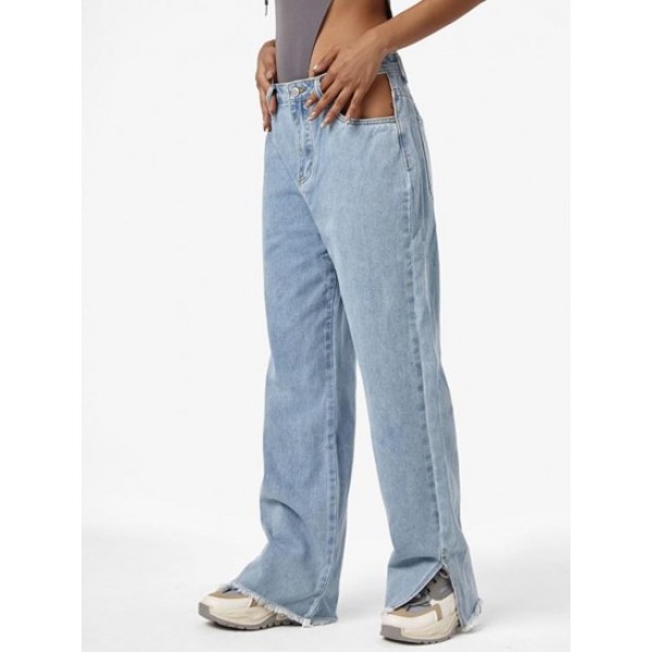 Light Wash Frayed Split Hem Straight Jeans