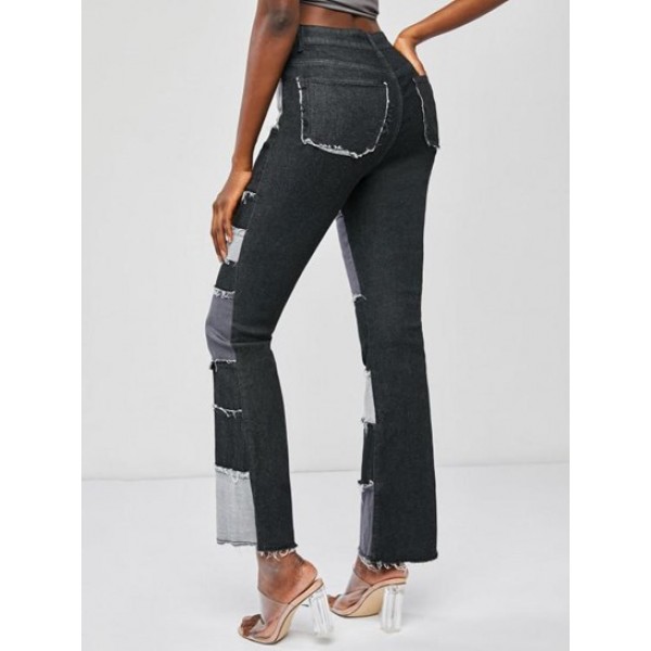 Patchwork Frayed Hem Flare Jeans