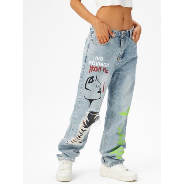 Letter Face Print Distressed Straight Jeans