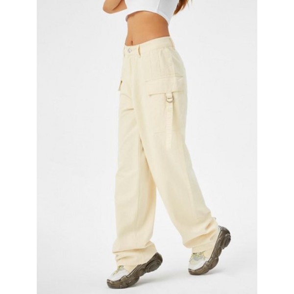 Neutral Color Pockets Wide Leg Cargo Jeans