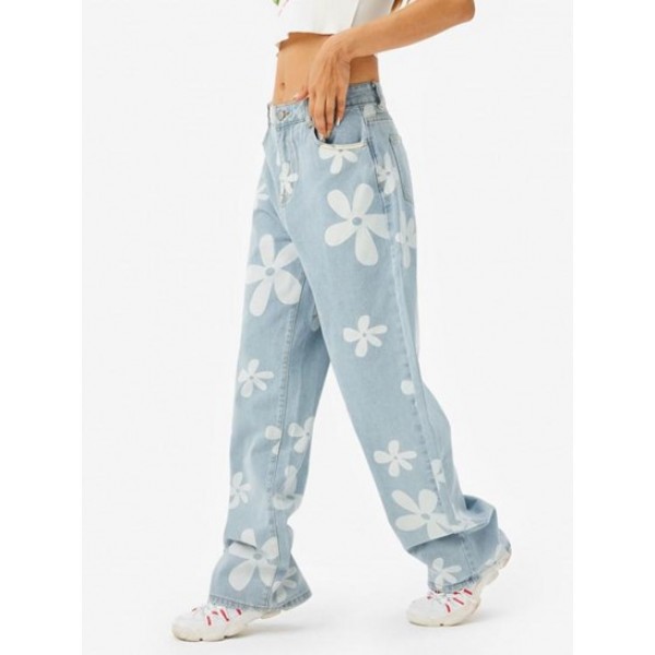 Flower Print High Waisted Baggy Jeans