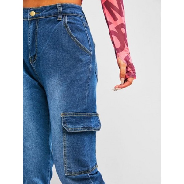 High Waisted Flap Pockets Skinny Cargo Jeans