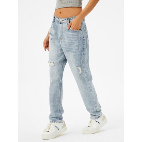 High Waisted Distressed Tapered Jeans