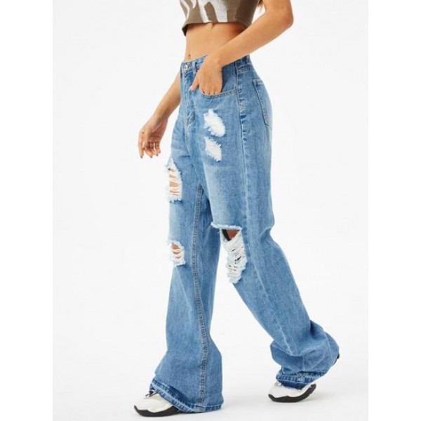 Frayed Distressed Wide Leg Jeans