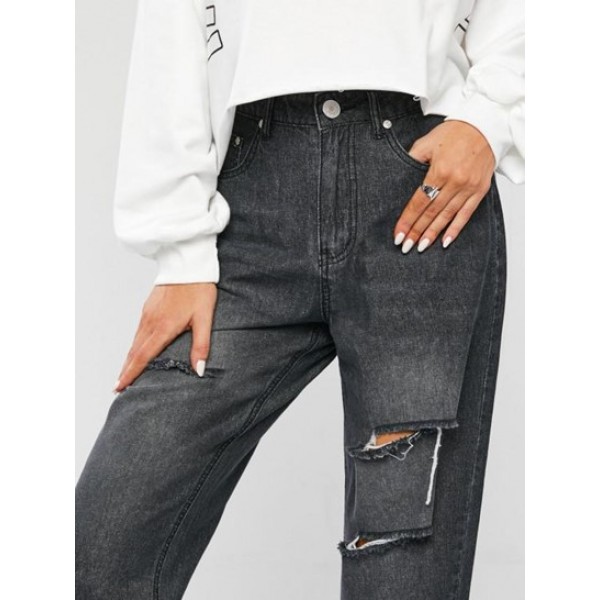 Ripped Distressed High Waist Boyfriend Jeans