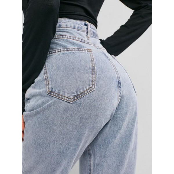 Zipper Fly Pocket Mom Jeans