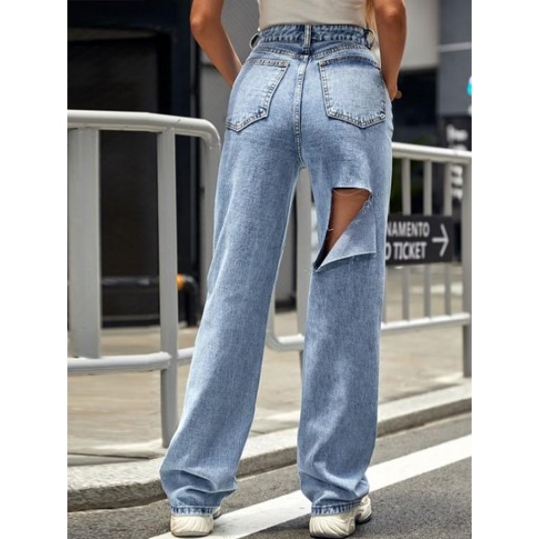 High Waisted Frayed Cutout Baggy Jeans