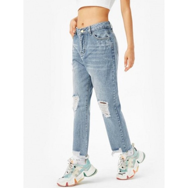 Shredded Distressed Frayed Straight Jeans