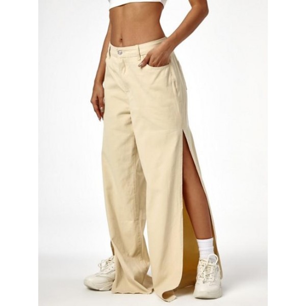 Solid Color Side Slit Wide Leg Pants