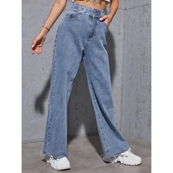 Grommets Raw Hem Wide Leg Jeans