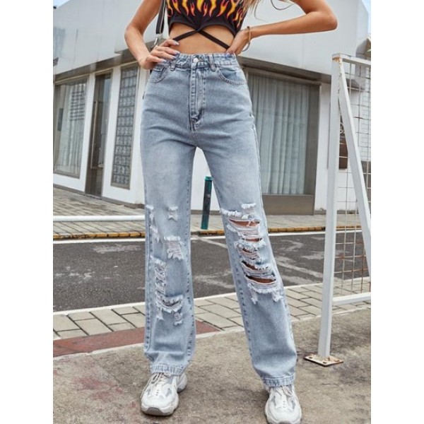 Ripped Shredded Distressed High Waisted Straight Jeans