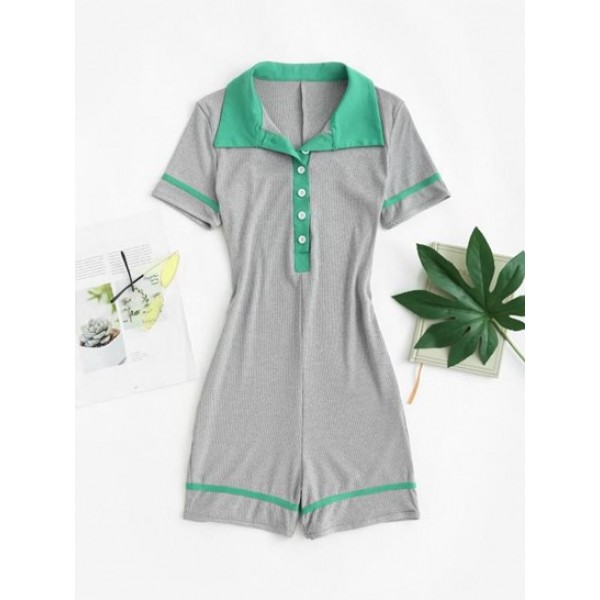 Ribbed Colorblock Button Placket Unitard Romper