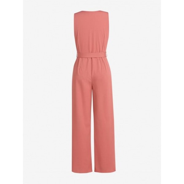 Belted Button Front Pockets Wide Leg Jumpsuit